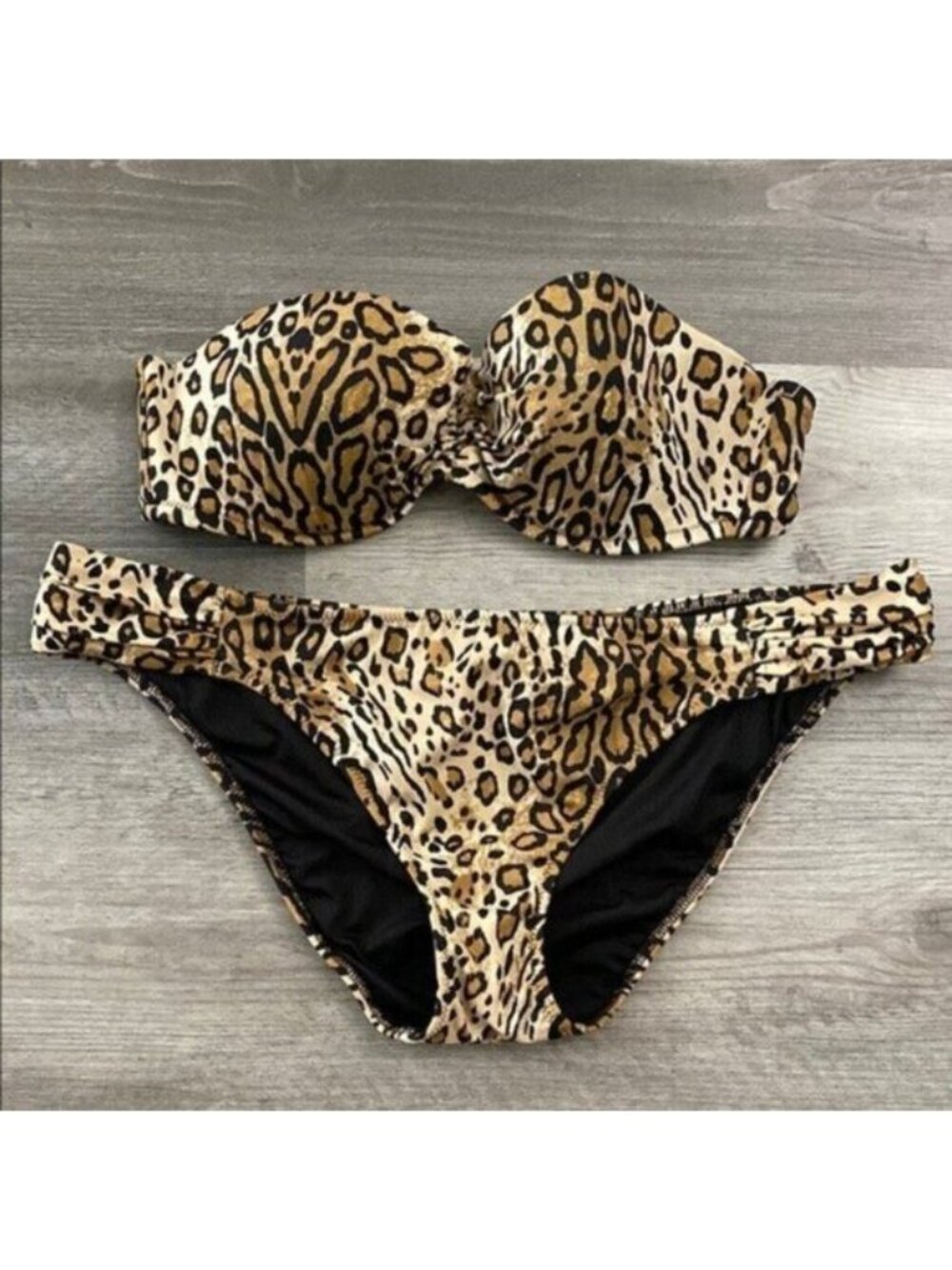 Victoria's Secret Bikini 2 Piece Swimsuit Leopard Print Strapless Swim 36A Large
